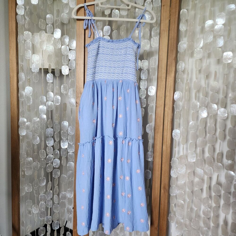 Dusty Blue Smocked Midi Dress Sz S Tie Strap Floral Embroidered Cottagecore